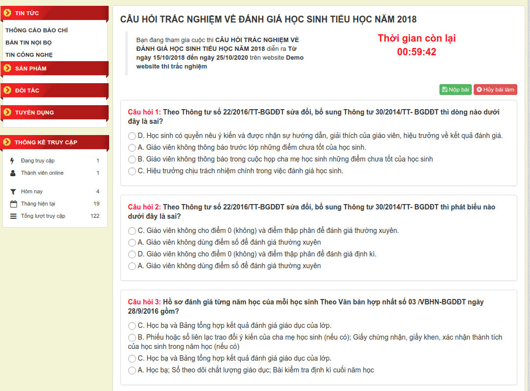 Giao diện làm bài thi